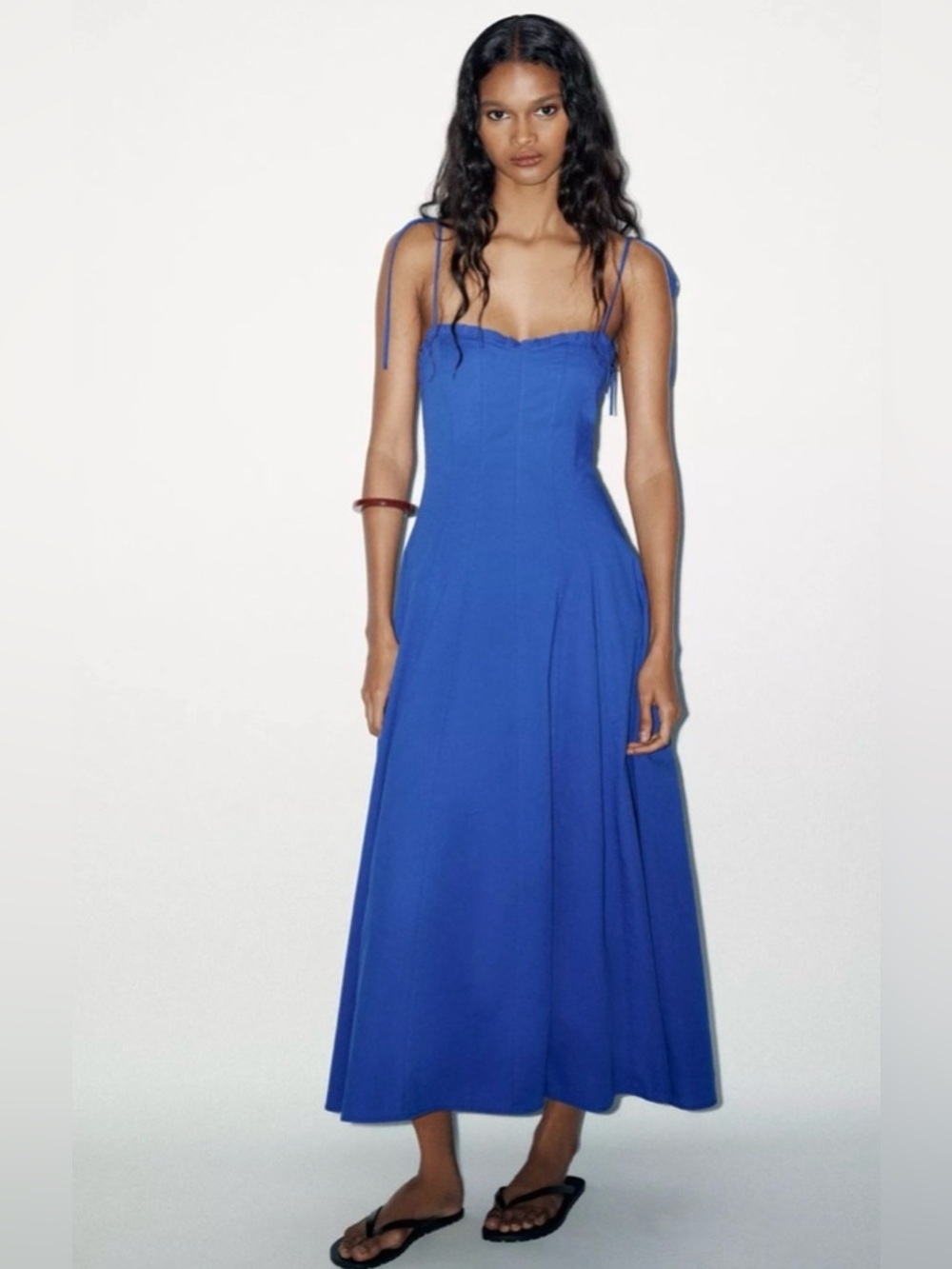 Zara Poplin Strappy Midi Dress V-Neck Ruffles Cornflower Blue Small NWT - Picture 3 of 16